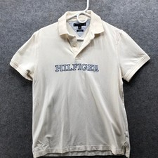 Tommy Hilfiger Regular Fit Polo Shirt Mens S Cream Embrodered Logo Short Sleeve