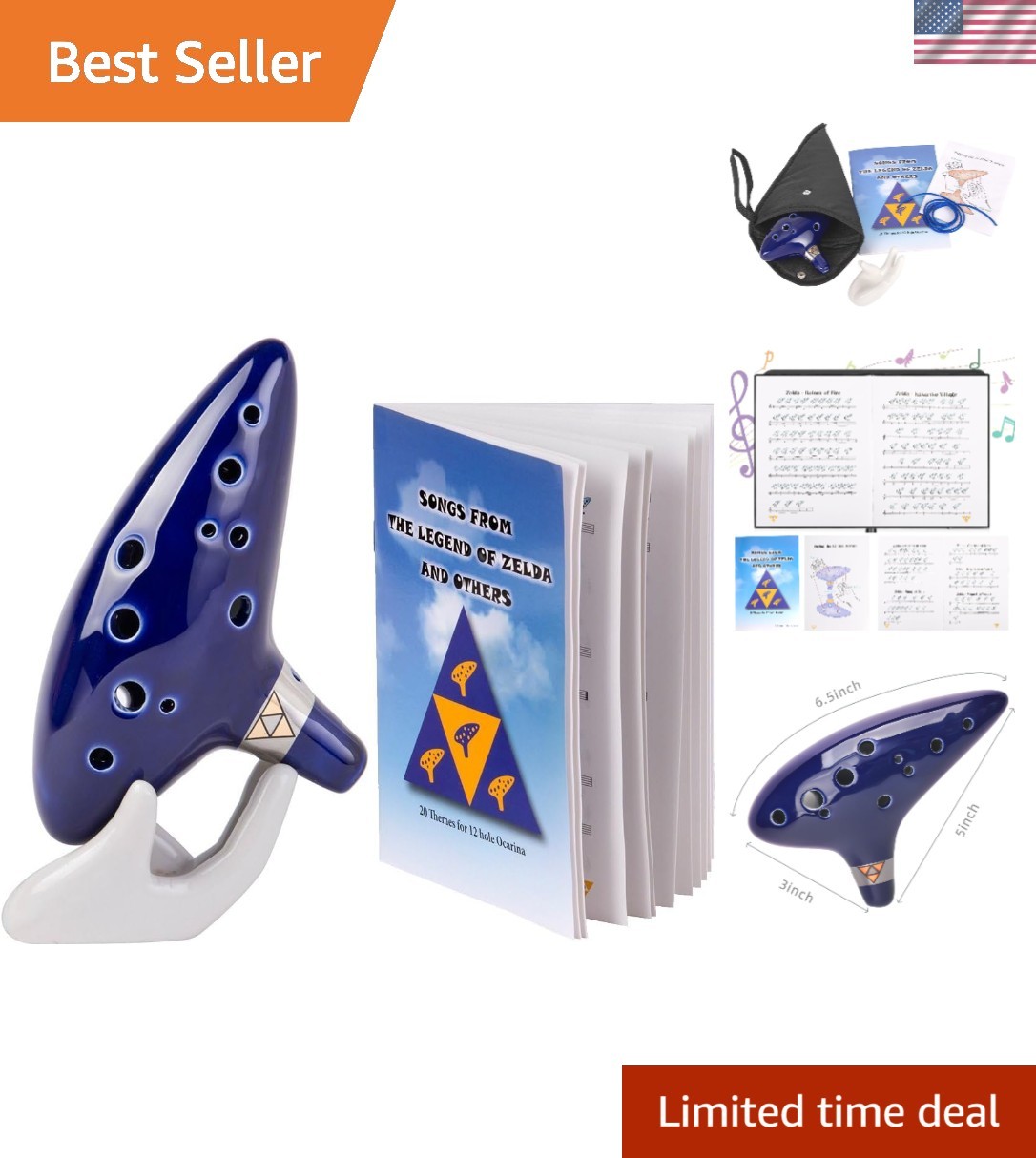 12-Hole Ceramic Zelda Ocarina with Songbook & Protective Bag - Play Like Link
