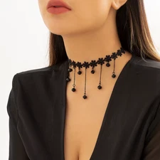 Black Lace Choker Gem Pendant Necklace Adjustable Gothic Elegant Sexy 3