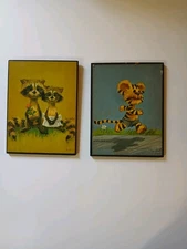 2 VTG Suzy's Zoo Animal Prints Art Wood Tiger & Racoon. Nursery Toddler Rm Decor