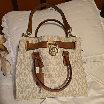 Michael Kors Hamilton Monogram Satchel Top Handle, Beige/Brown, Gold Hardware