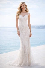 A8442 Illusion Bateau Embroidered Applique Gown * 2 NWT Ivory Bridal Designer