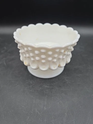 Vintage Fenton White Milk Glass Footed Hobnail Open Nut Dish