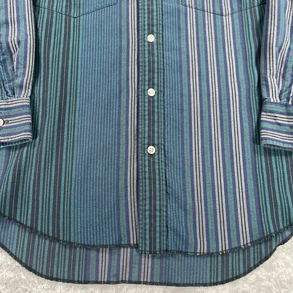 VTG Wrangler Shirt Mens Medium M Blue Green Stripe Gold Logo Western Button Down - Image 3 of 4