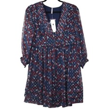 Urban Outfitters Printed Chiffon Mini Dress Women's Size XS Blue Ruffle Pintuck