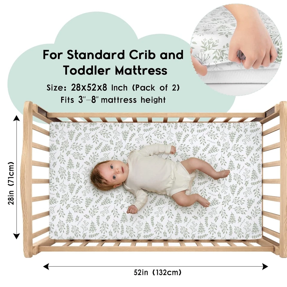 Paquete de 2 sábanas para cuna de bebé Yoofoss ajustadas 28x52x8 diseño de hojas verdes de microfibra suave Foto 2 de 4