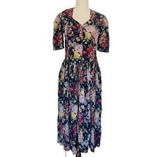 Womens Size M Midi Dress Vintage Retro Floral Sweetheart Neck Pockets Rayon