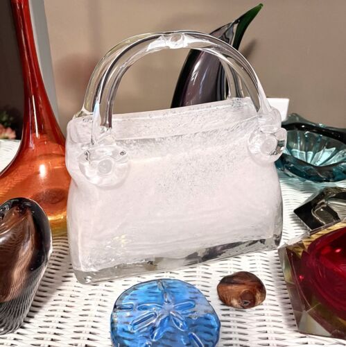 Hand Blown Art Glass Purse White Clear Vase Sculpture Heavy Solid Murano Quality - Picture 20 of 20