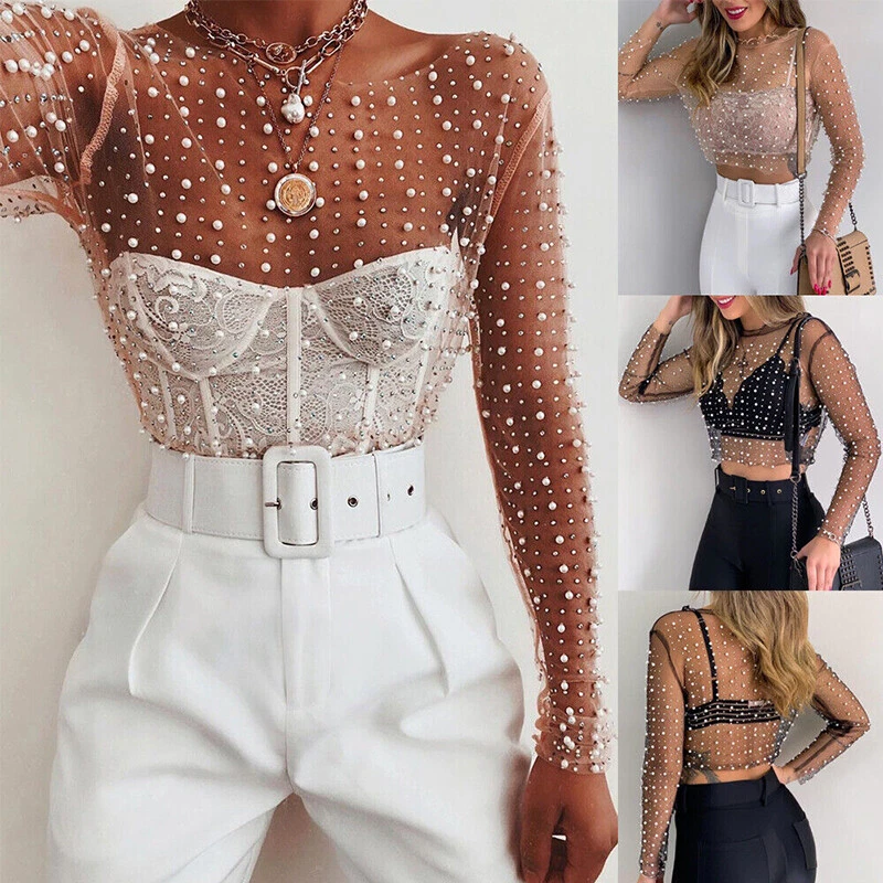 Womens Rhinestone Pearl Mesh See-through Long Sleeve Crop Tops Blouse T- Shirt US