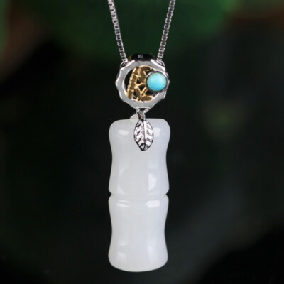 C10 Pendant White Jade Bamboo Leaf and Turquoise Sterling Silver 925 
