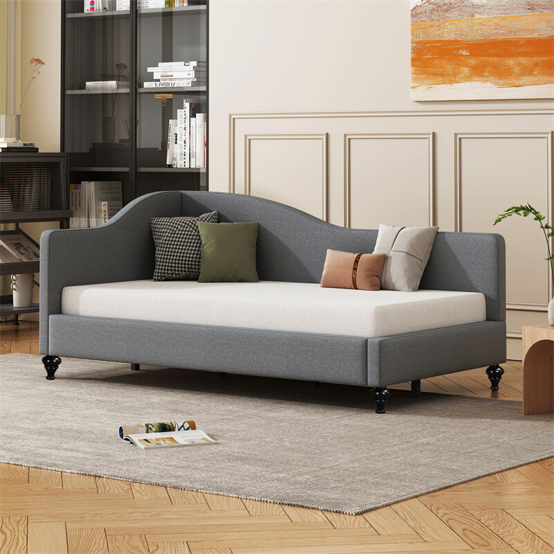 Twin Size Upholstered Daybed with Solid Wood Legs Linen Sofa Bed Frames Gray