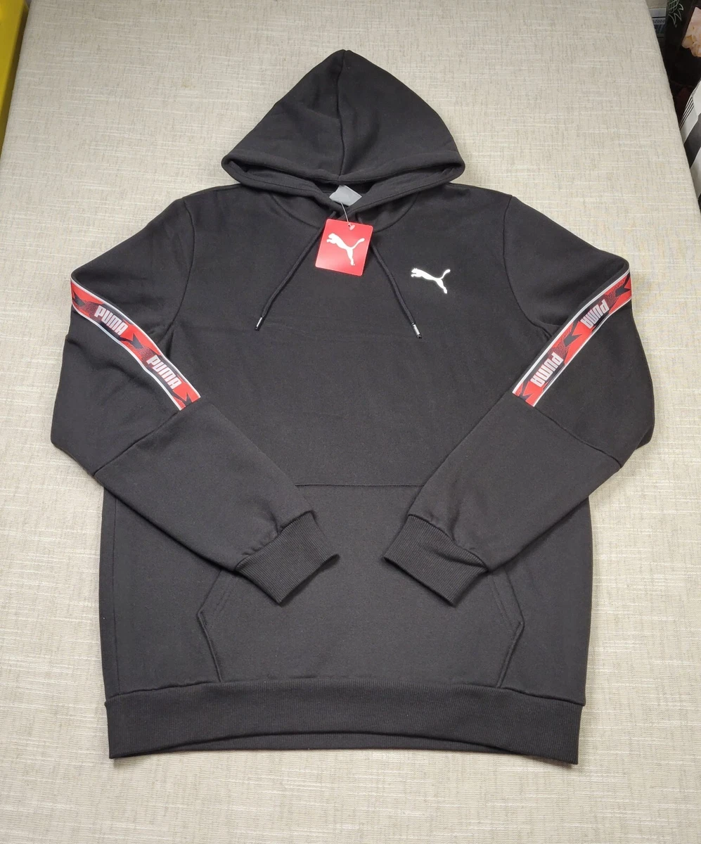 PUMA Mens Hoodie & Jogger Pants Set Fleece Logo Tape Black Red