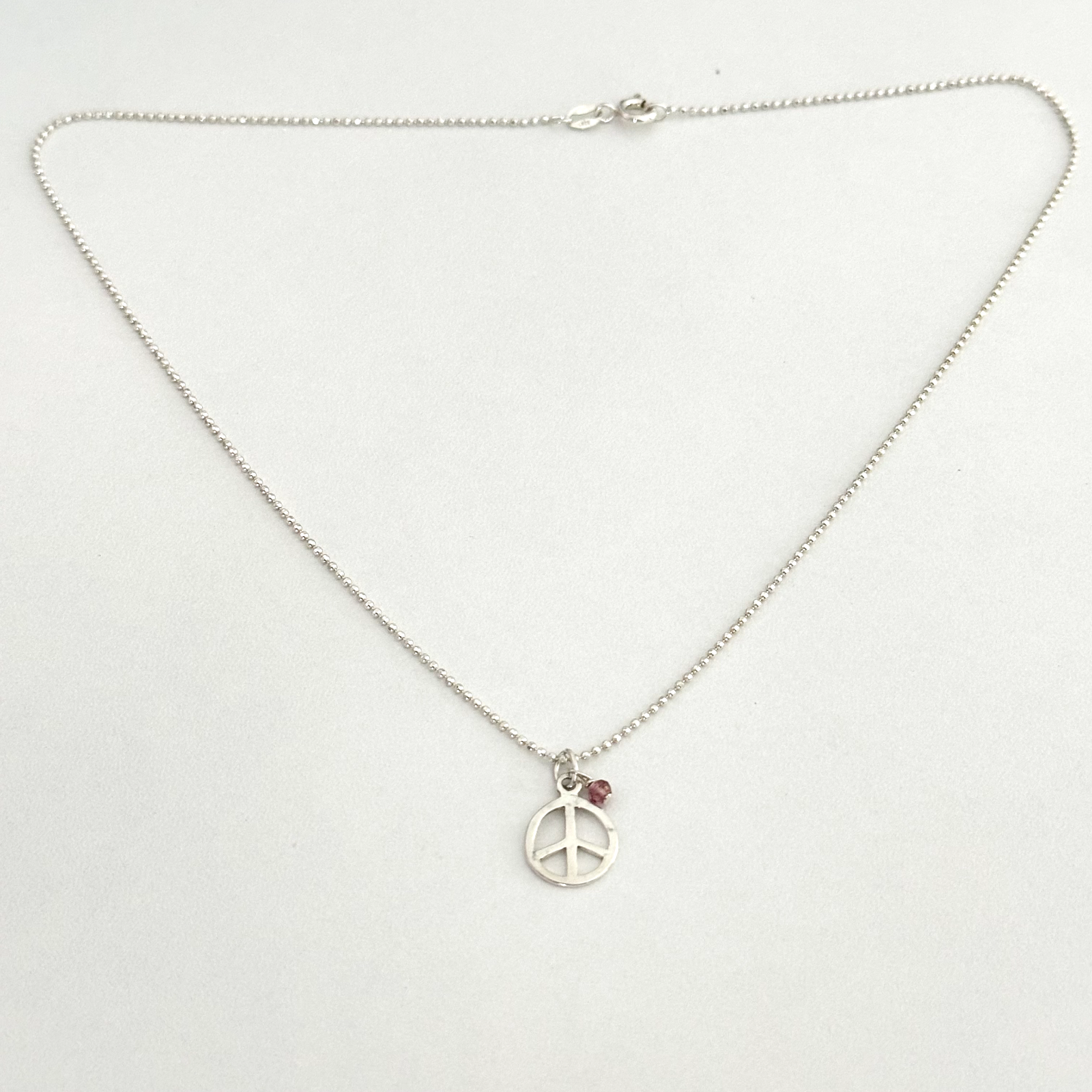 925 Sterling Silver Peace Sign Pink Crystal Pendant Bead Ball Chain Necklace