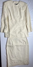 YL By Yair Women’s Cream Blazer Skirt Set W/ Stitching Padded Shoulders Size 12