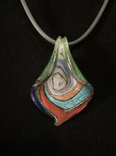 Vintage Murano Style Art Glass Swirl Pendant with Black Cord Necklace 11 Inches