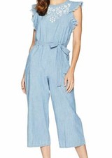  340 Vince Camuto Women's Blue Chambray Frayed Ruffle Sleeve Jumpsuit Size XL
