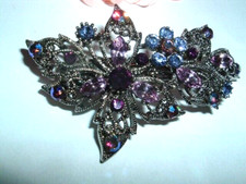 VINTAGE BEADED SILVER PURPLE BLUE RHINESTONE FLORAL HAIR BARRETTE