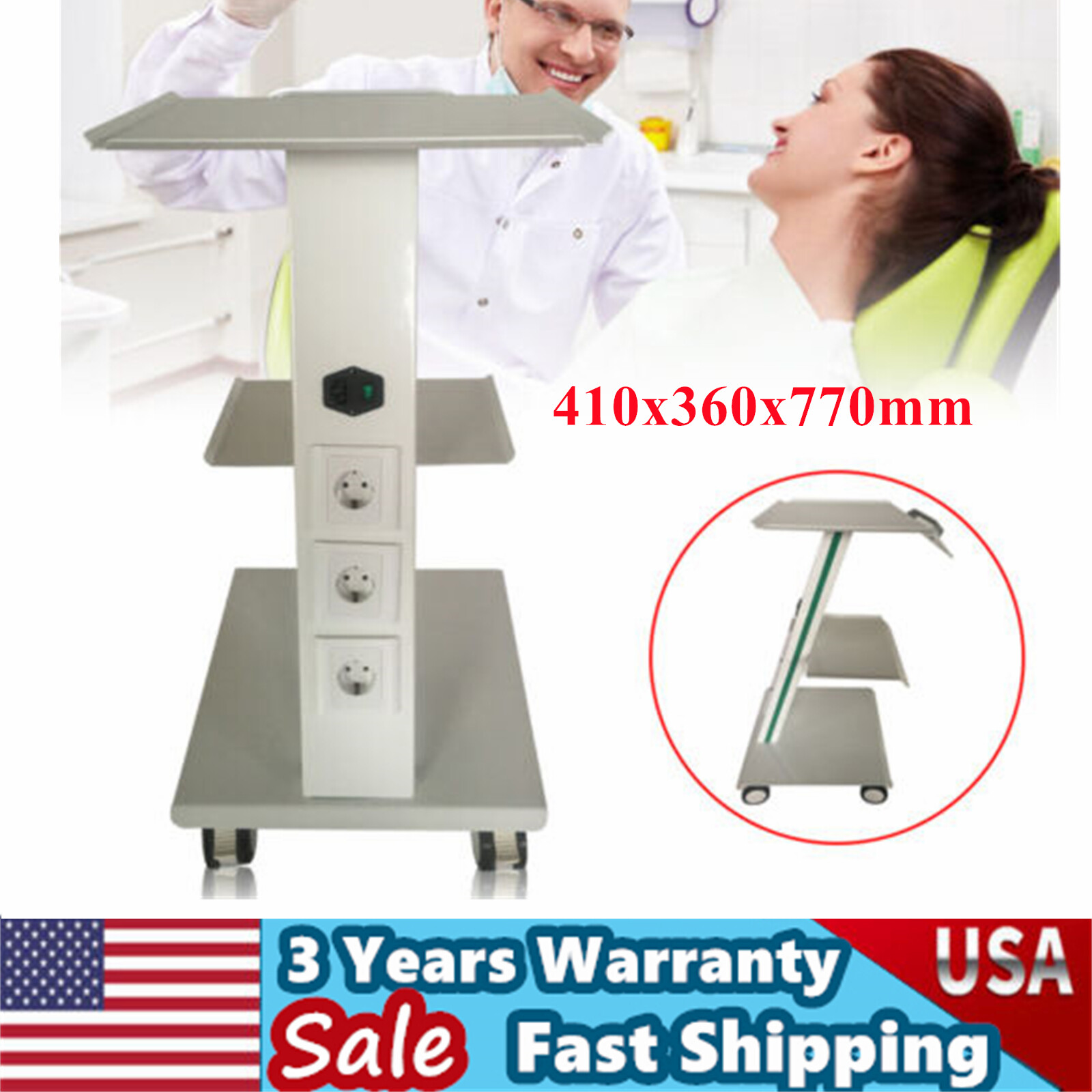 Medical Mobile Dental Trolley Cart Built-in Socket Equipment w/Foot Brake