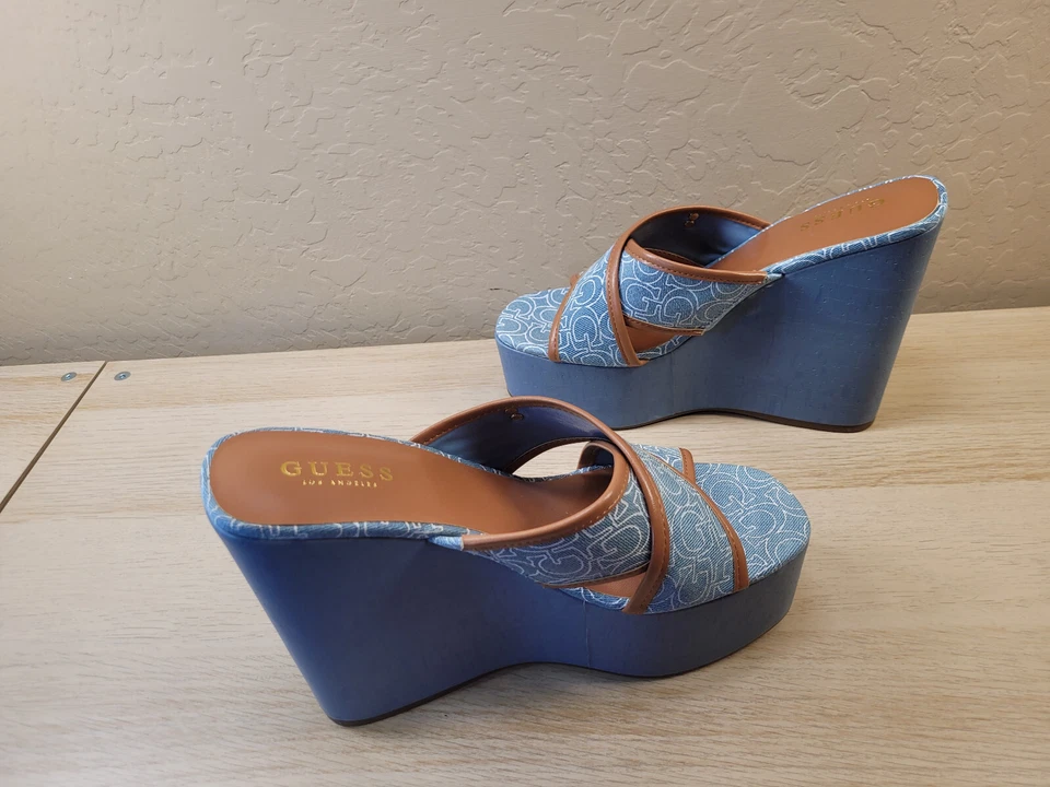 Guess Womens Blue Peep Toe G Print Wedge Heels Size 10 M EUC - Image 4 of 4