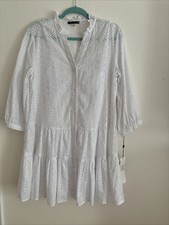 Tommy Hilfiger Women's Eyelet Button Front Dress with Puff 3/4 Sleeve White 6