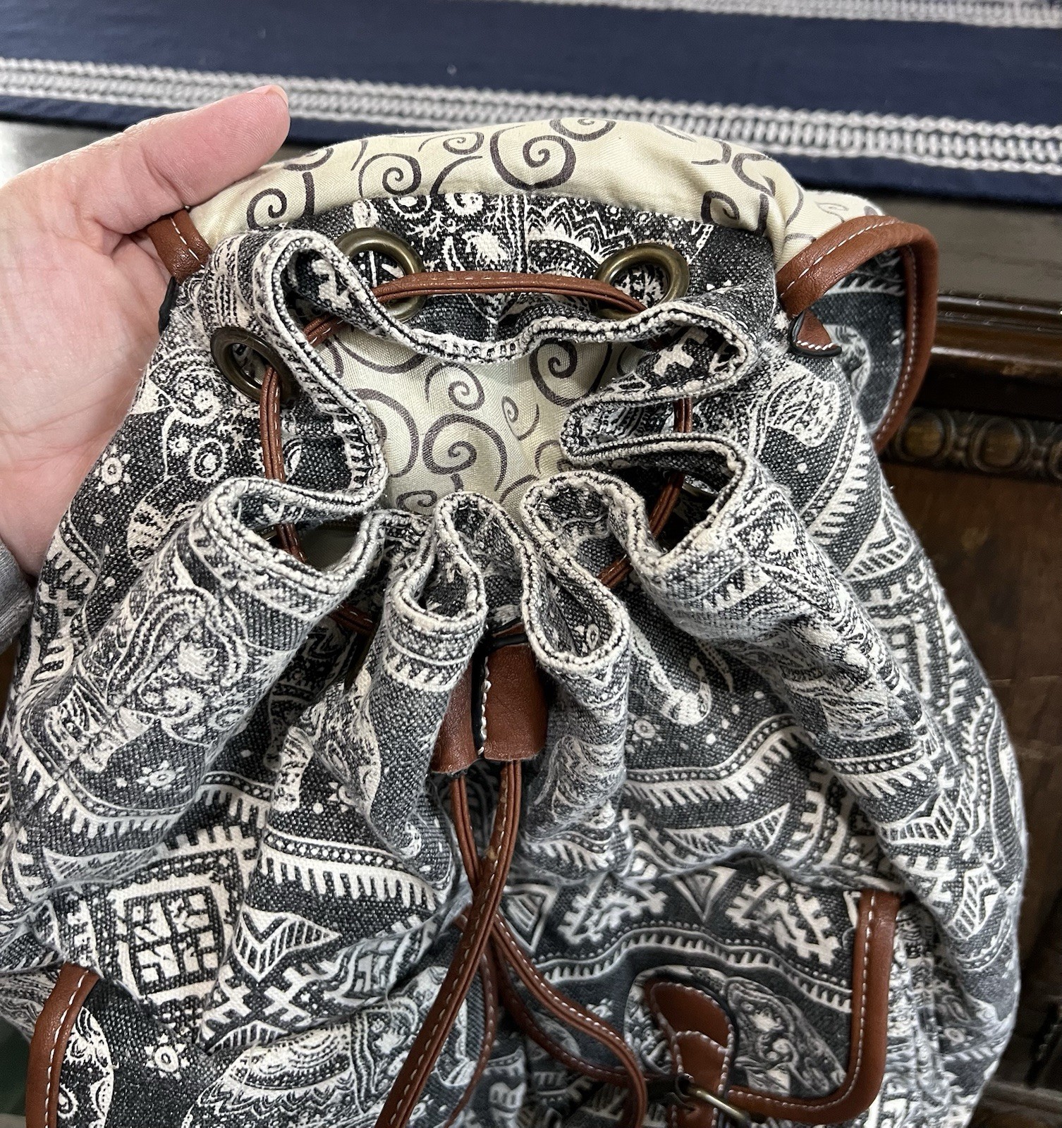 Elephant Print Drawstring Canvas Backpack Dk Gray… - image 6