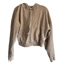 Alo Yoga M Hoodie Women Tan Terry Cropped Mixed Media Ribbed Pullover Sweatshirt