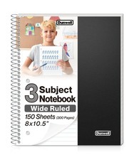 3-Subject Spiral Notebook, Black Plastic Cover, 150 Sheets 300 Pages Wide...