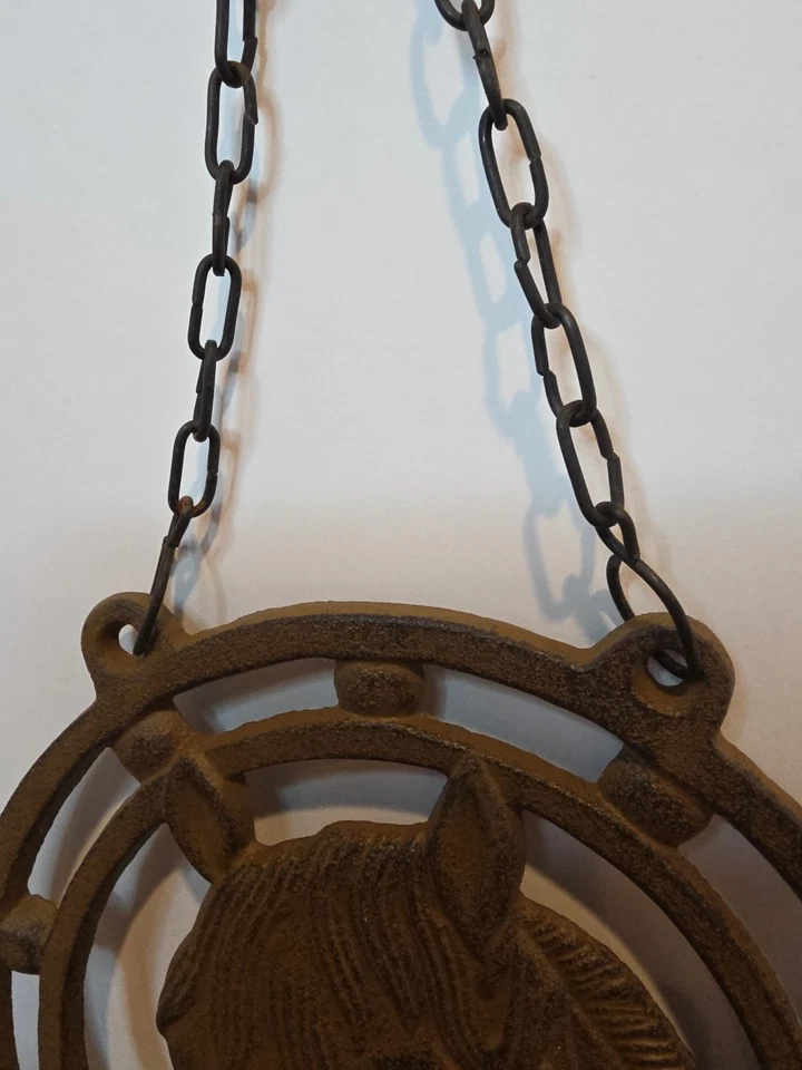 Juego de 2 letreros de bienvenida de hierro fundido cabeza de caballo y herradura cadena 9" rancho vaquero  Foto 4 de 4