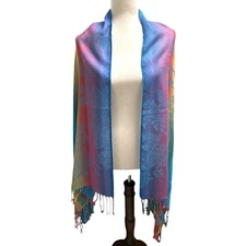 NEW Rainbow Color Pashmina with Floral Pattern and Fringe at Both Ends