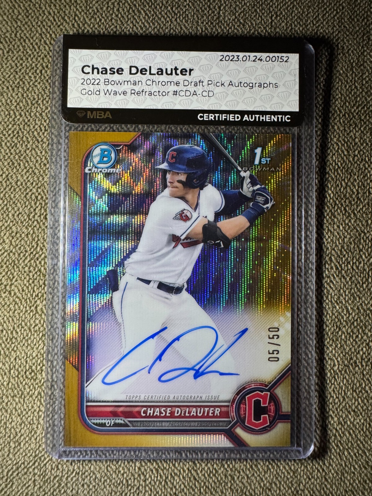 2022 Bowman Chrome Draft Chase DeLauter Gold Wave /50 Auto #CDA-CD