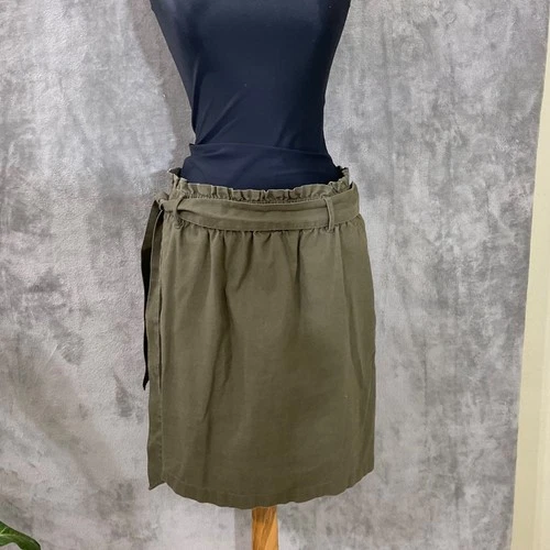 J. Crew Linen Blend Pull On Paper Bag Waist belted Skirt Women’s M olive green