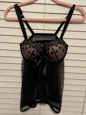 Victoria's Secret Black Mesh Floral Babydoll with Bow  Rhinestone Accents 36C