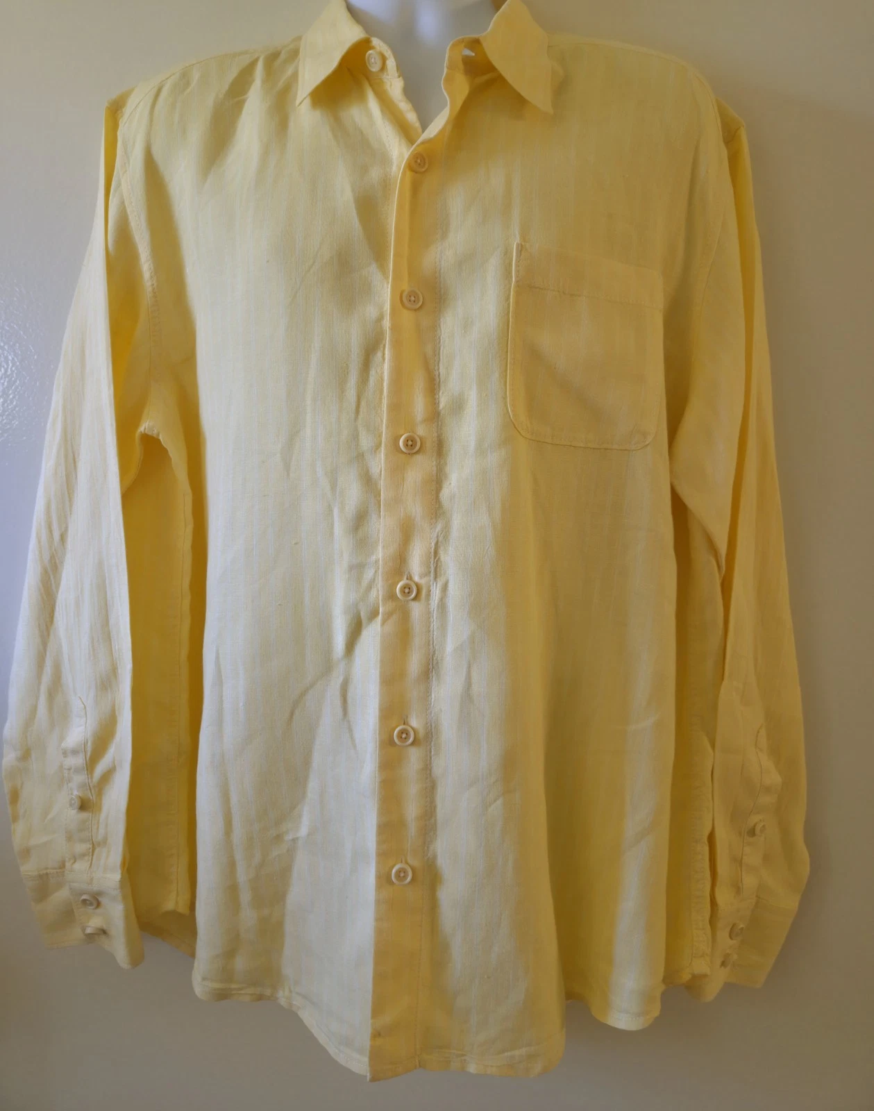 Tommy Bahama Mens Linen Shirt Yellow Ice White Stripe Button Front Long Sleeve L