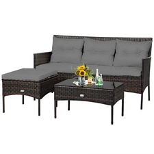 Patiojoy Patio Rattan Furniture Set 3PCS 3-Seat Sofa Cushioned Table Garden Gray