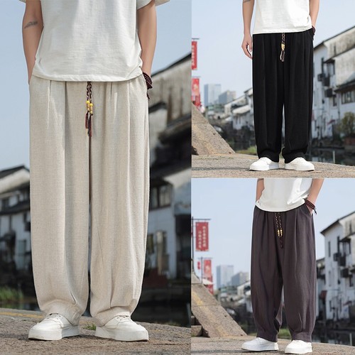 IQYU Pantalon sarouel simple pour homme - Style rétro chinois