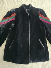 Sasson Borgazia Women's Black Faux Fur Vintage Coat With Striped Sleeves