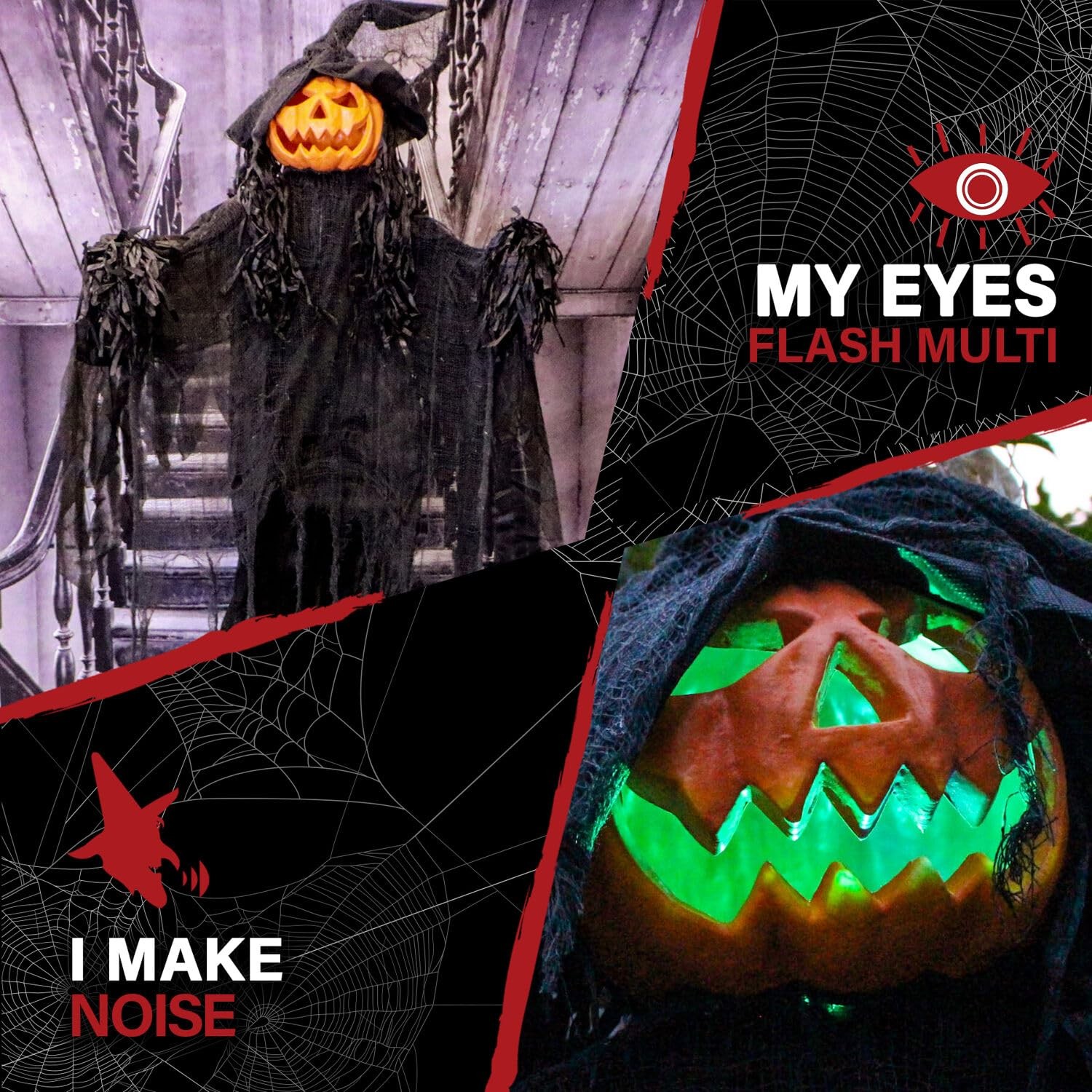 Life-Size Scary Poseable Pumpkin Witch, Halloween Prop with Touch Activated L...