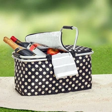 Insulated Cooler Picnic Basket Handles Zip Closure Polka Dot