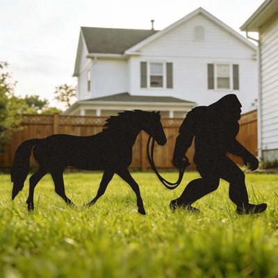 Bigfoot Garden Stake   Metal Sasquatch Statue Walking Horse on Leash   Funny ...
