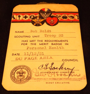 Boy Scouts 1951 Merit Badge Patch & Card Lot - Personal Health Du Page Council