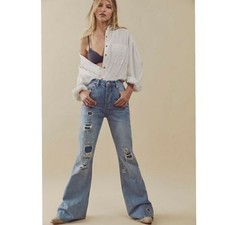 Free People We the Free Graceland Destroyed Embroidered Flare High-Rise Jeans