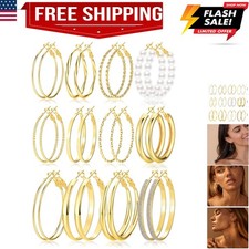 Gold Hoop Earrings Set for Women, 12 Pairs Hypoallergenic Large/Big Thin Thic...