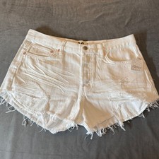 Free People Women Denim Shorts 30 White Distressed Frayed Hem Boho Beach Coastal