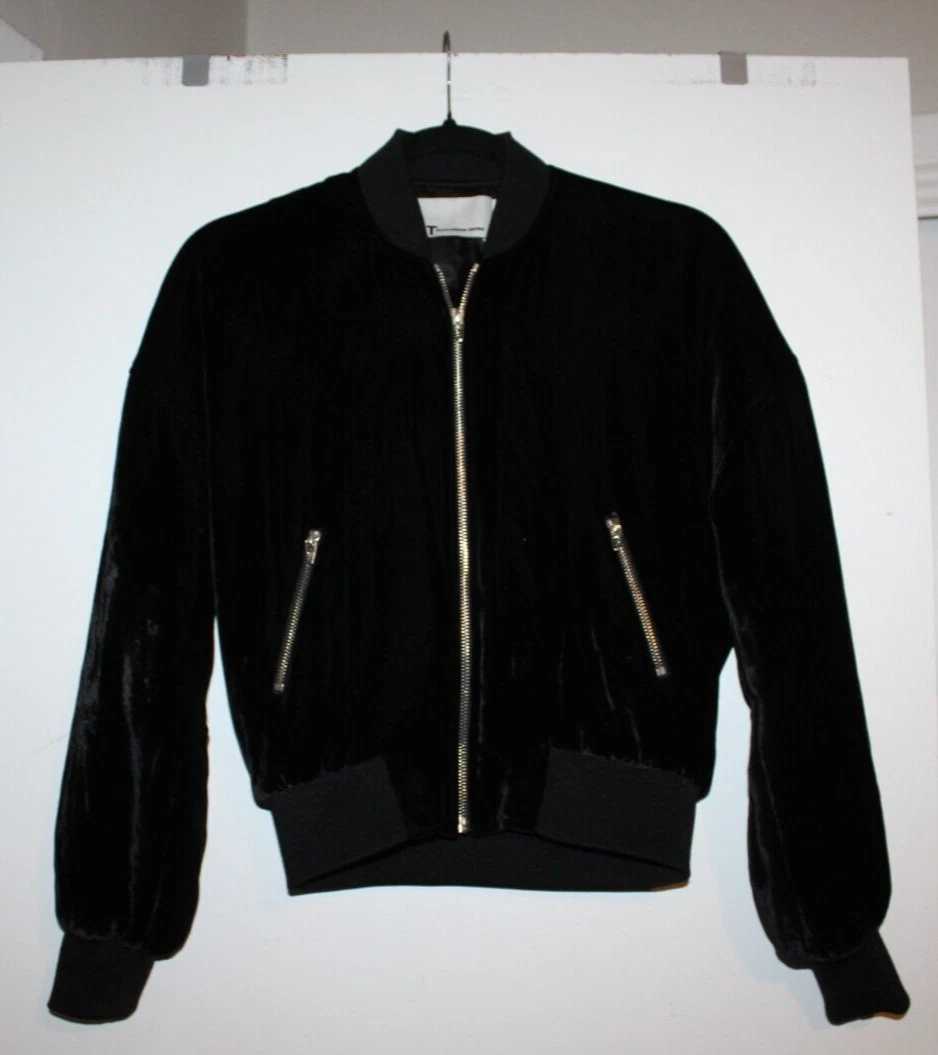 T Alexander Wang Giacca Bomber Donna Velluto Nero Crop Taglia 0 2 4 XS S