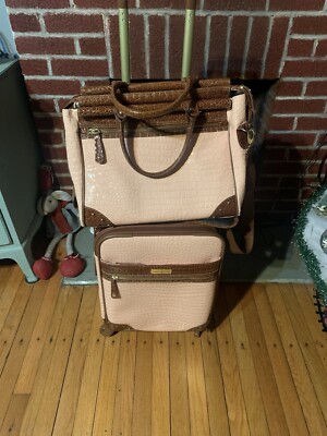 Samantha Brown Blush Pink And Brown Faux Croc 2 Pc Luggage Suitcases 21  Rare