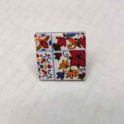 Colorful Ceramic Floral Print Resin Adjustable Ring