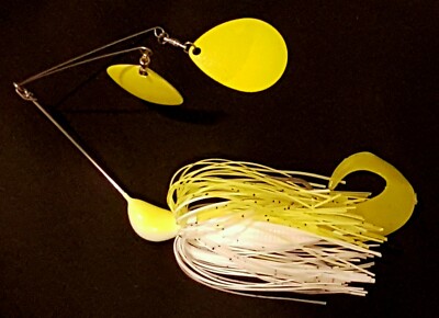 GLOW TWIN SPIN SPINNER BAIT 1oz 29g LURE GLOW WHITE/YELLOW + POWERBAIT GRUB TAIL
