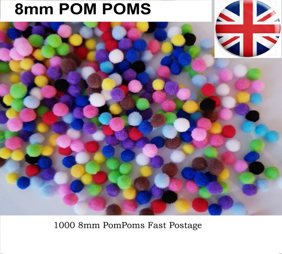 1000 Pom Poms 8mm Multi Coloured Small Mini Pompoms For Craft | Mixed Colours - Image 2 of 2