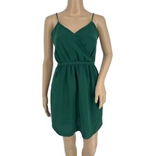 Madewell slip faux wrap dress 00 dark green sleeveless v neck pockets