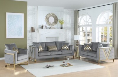 NEW 3PC Gray Gold Sofa Loveseat Chair Contemporary Luxe Glam Velvet Living Room